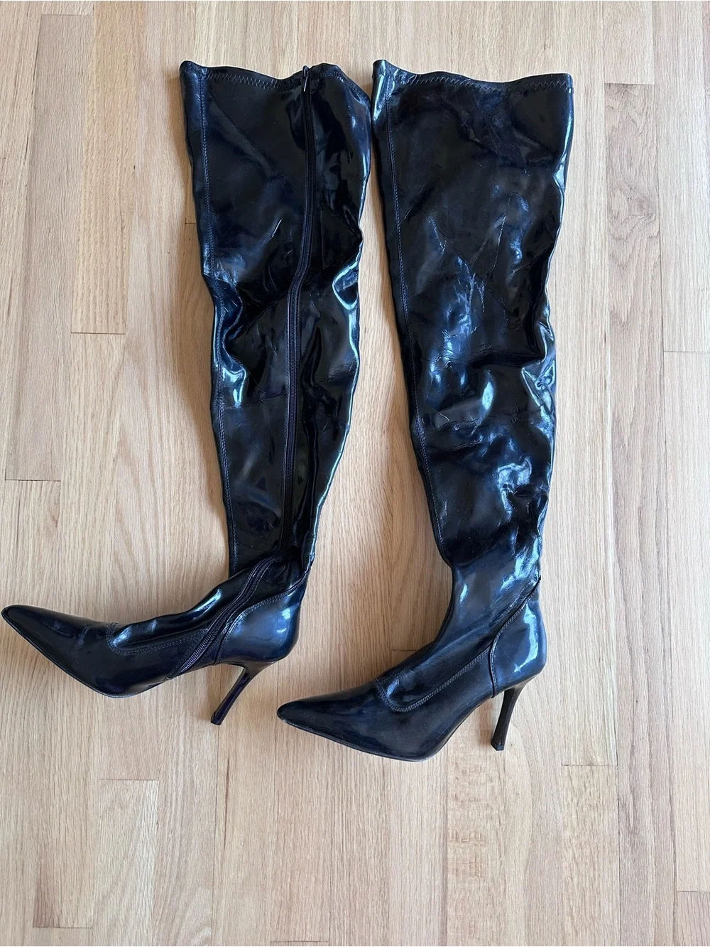 Black Patent Over-the-Knee Pointed-Toe Stiletto Boots